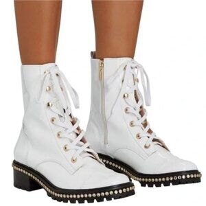Schutz “Andorra” White Patent Leather Laced Up Combat Boots W/ Rhinestones US 9B